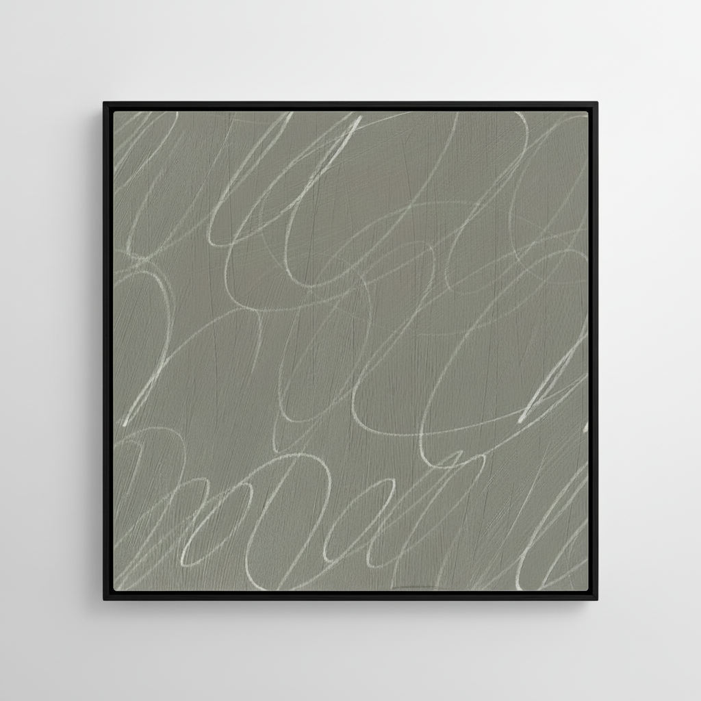 Minimalist abstract framed canvas wall art featuring gestural brushstrokes in soft fog gray and warm neutral tones on white background