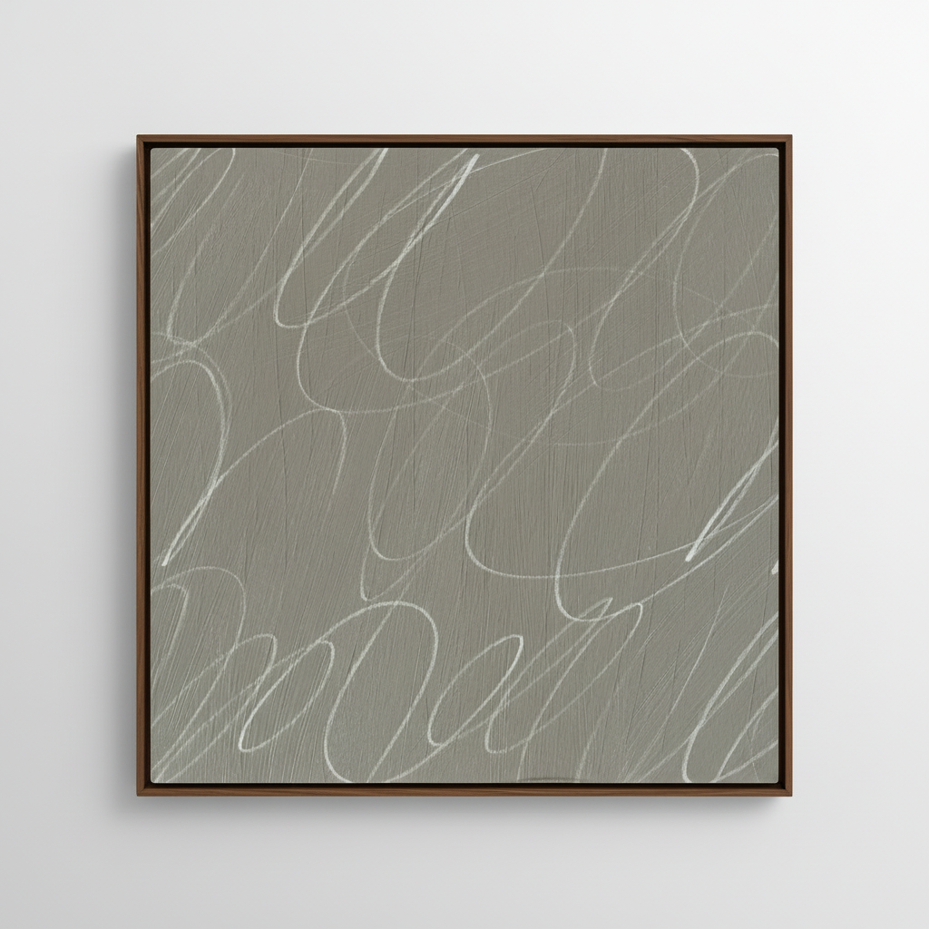 Minimalist abstract framed canvas wall art featuring gestural brushstrokes in soft fog gray and warm neutral tones on white background
