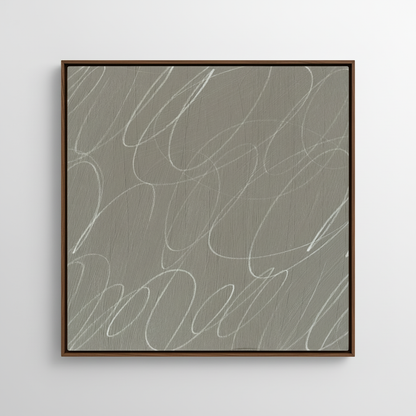 Minimalist abstract framed canvas wall art featuring gestural brushstrokes in soft fog gray and warm neutral tones on white background