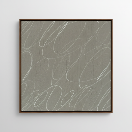 Minimalist abstract framed canvas wall art featuring gestural brushstrokes in soft fog gray and warm neutral tones on white background