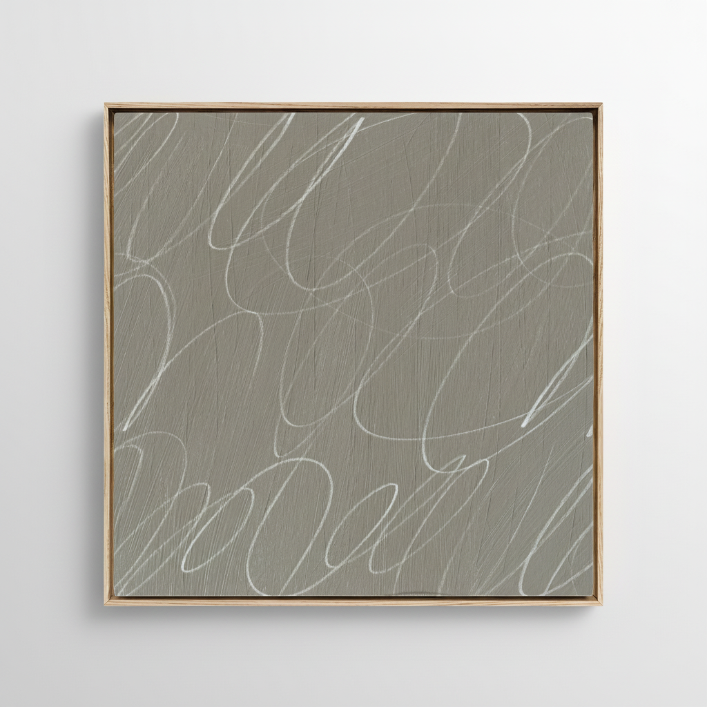 Minimalist abstract framed canvas wall art featuring gestural brushstrokes in soft fog gray and warm neutral tones in a natural wood frame.