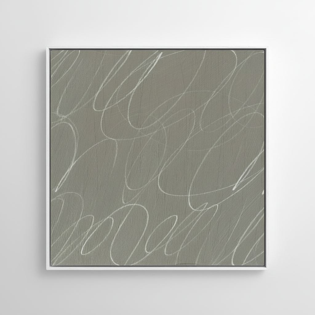 Minimalist abstract framed canvas wall art featuring gestural brushstrokes in soft fog gray and warm neutral tones on white background