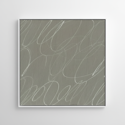 Minimalist abstract framed canvas wall art featuring gestural brushstrokes in soft fog gray and warm neutral tones on white background
