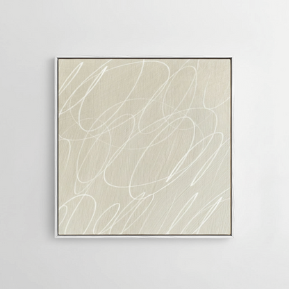Framed abstract artwork with black background and white lines in a natural white wood frame